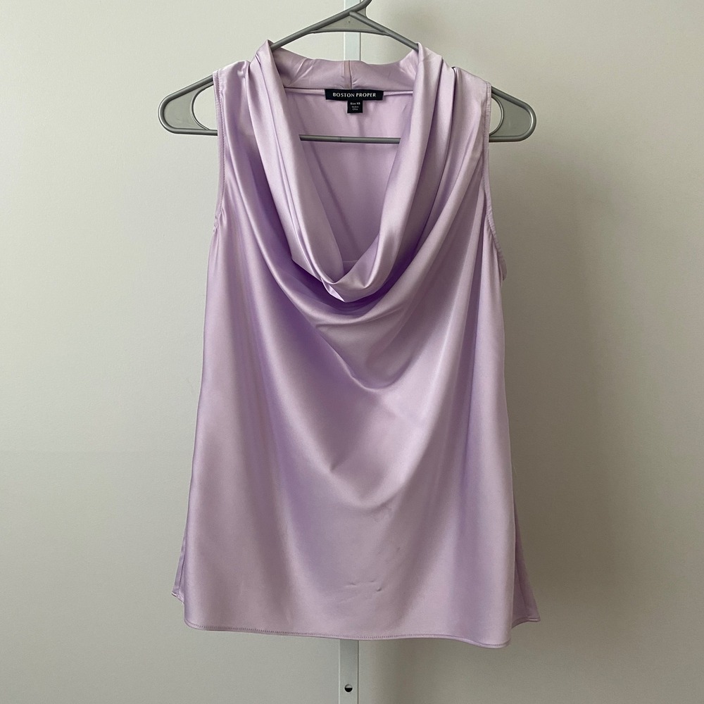 Boston Proper Office Siren Bella Swan Cowl Neck Satin Blouse XS Lavender